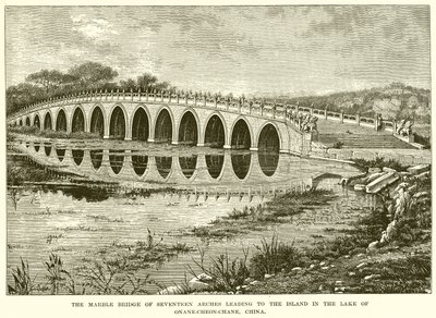 A ponte de mármore de dezassete arcos que conduz à ilha no lago de Onane-Cheon-Chane, China (gravura) de English School