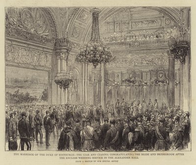 O Casamento do Duque de Edimburgo, o Czar e a Czarina parabenizando a Noiva e o Noivo após o Serviço de Casamento Inglês no Salão Alexander (gravura) de English School