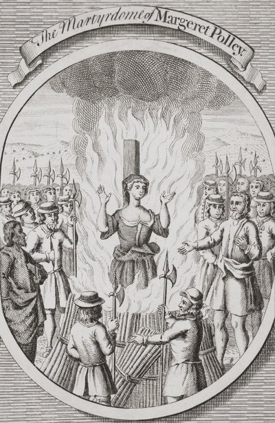 O martírio de Margeret Polley em Tunbridge, de "The Burning of the Martyrs", publicado em 1741 (litografia) de English School