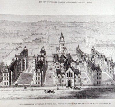 A Enfermaria de Marylebone, Notting Hill, aberta pelo Príncipe e Princesa de Gales, de The Illustrated London News, 7 de fevereiro de 1881 de English School