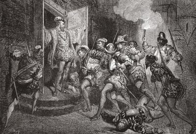 O Massacre de São Bartolomeu: ataque aos alojamentos de Colignys, ilustração de The History of Protestantism por James Aitken Wylie (1808-1890), pub. 1878 de English School