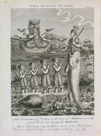O Avatar Matsya, ou a Primeira Encarnação de Vishnu na Forma de um Peixe para Recuperar os Livros Sagrados Perdidos Durante o Dilúvio, gravados por Barlow de English School