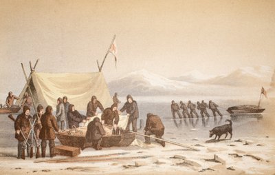 O Encontro no Canal de Wellington, 14 de junho de 1851, ilustração da Viagem à Baía de Baffins e ao Estreito de Barrow ..., 1852 (gravura colorida à mão) de English School