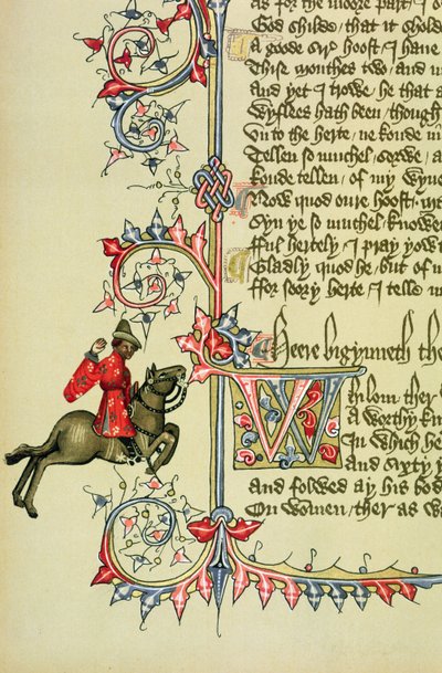 O comerciante, fac-símile detalhe de The Canterbury Tales, por Geoffrey Chaucer (c.1342-1400) de English School