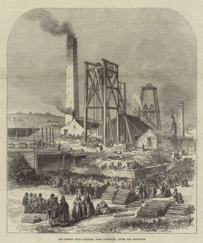 O Morley Main Colliery, perto de Dewsbury, após a Explosão (gravura) de English School