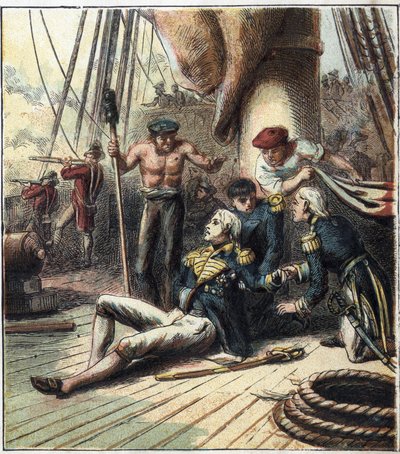 A Guerra Napoleónica: a Batalha de Trafalgar, em 21/10/1805 opôs-se a frota franco-espanhola sob o Almirante Villeneuve à frota britânica comandada pelo Vice-Almirante Nelson. Ele morreu lá. "A Batalha de Trafalgar". de English School
