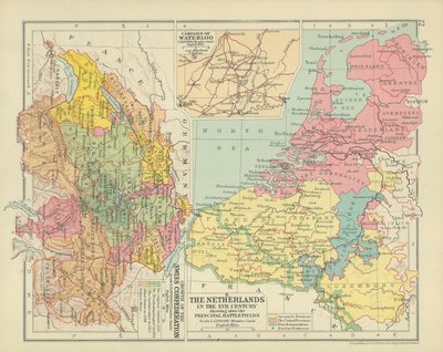 Os Países Baixos no século XVII mostrando também os principais campos de batalha (litografia a cores) de English School