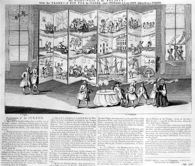 A visita noturna ou a recaída: com as pegadinhas de Bob Fox, o Jugler, enquanto Steward para Lady Britannia, exibido em uma tela, 1742 de English School