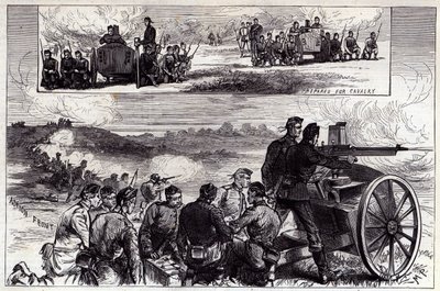 As armas de Nordenfeldt em Aldershott, do Illustrated London News, setembro de 1885 de English School