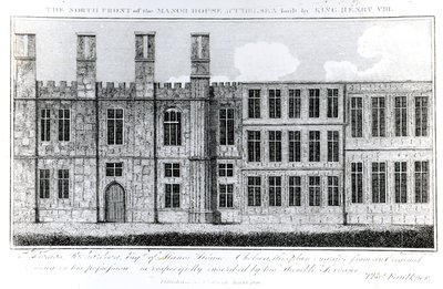 A fachada norte da mansão em Chelsea construída pelo rei Henrique VIII, gravada por J. Barlow, uma ilustração em uma descrição histórica e topográfica de Chelsea e seus arredores por Thomas Faulkner, de English School