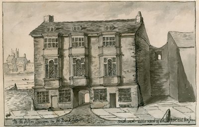 The Old Falcon Tavern no lado do banco, como apareceu no ano de 1805 de English School
