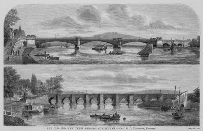 The Old and New Trent Bridges, Nottingham (gravura) de English School