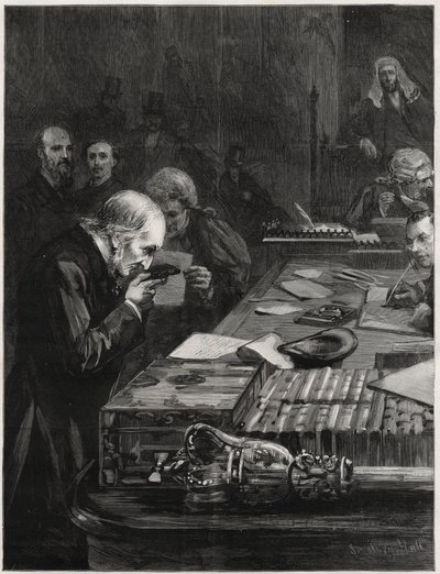 A Abertura do Parlamento, 31 de Janeiro de 1893, o Sr. William Ewart Gladstone, apoiado pelo Sr. Marjoribanks e pelo Sr. H Gladstone, prestando o Juramento. Ilustração para O Gráfico de English School