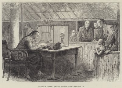 O tráfego de ópio, chinês vendendo ópio (gravura) de English School