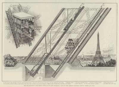 O elevador Otis na Torre Eiffel da Exposição de Paris, construído pela American Elevator Company, Londres e Paris (gravura) de English School