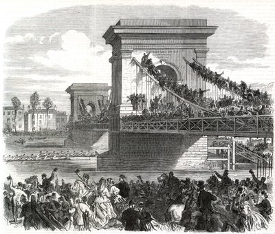 A corrida de barcos de Oxford e Cambridge, cena na Hammersmith Bridge de English School