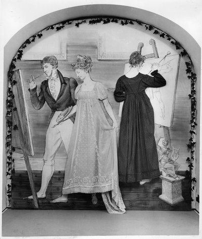 A lição de pintura, parte de uma exposição no Museu da Moda com dois vestidos de dia, início do século 19 (algodão) de English School