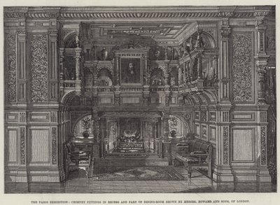 A Exposição de Paris, Acessórios de Chaminé no Recesso e Parte da Sala de Jantar mostrada por Messers Howard and Sons, de Londres (gravura) de English School