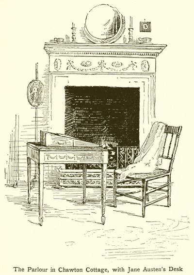 O salão em Chawton Cottage, com Jane Austens Desk de English School
