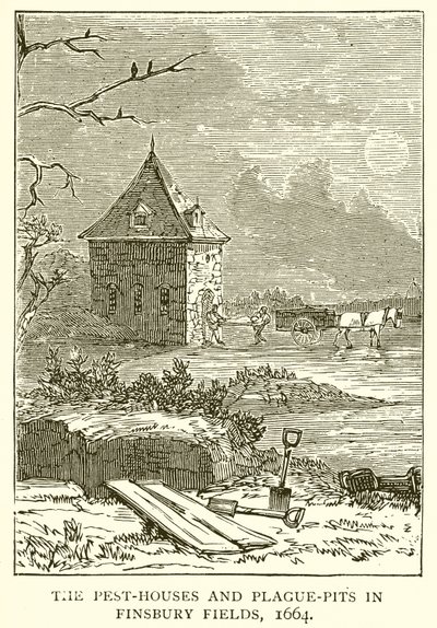 The Pest-Houses e Plague-Pits em Finsbury Fields, 1664 de English School