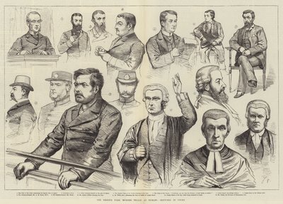 Os julgamentos de assassinato do Phoenix Park em Dublin, esboços no tribunal de English School