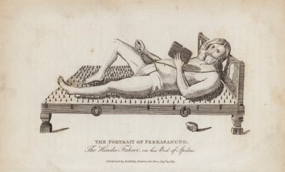 Retrato de Perkasanund, o falsificador hindu, no seu leito de espinhos (gravura) de English School