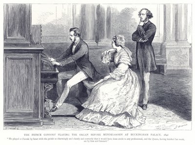O Príncipe Consorte tocando o órgão antes de Mendelssohn no Palácio de Buckingham, 1842 de English School