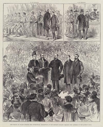 O Príncipe de Gales abre a Exposição dos Aprendizes no Palácio do Povo, lendo o Discurso na Sala da Rainha (gravura) de English School