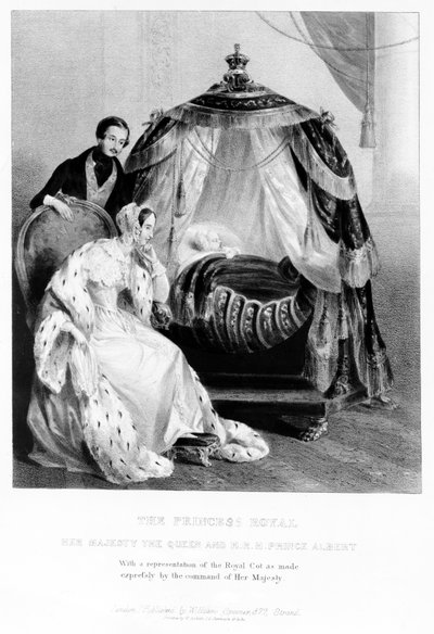 A Princesa Real, Sua Majestade a Rainha e Sua Alteza Real o Príncipe Alberto, com o catre real, c.1840 de English School