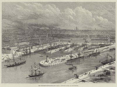 A proposta do Manchester Ship Canal, Doca Prevista em Manchester (gravura) de English School