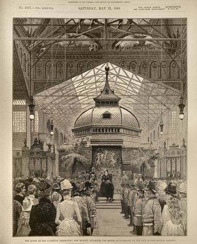 A Rainha na Exposição de Liverpool: Sua Majestade Cavaleiro do Prefeito de Liverpool na Praça da Galeria Central, de The Illustrated London News, 22 de maio de 1886 de English School