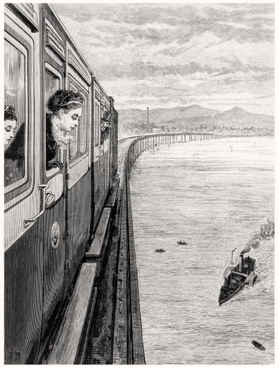 O Retorno da Rainha das Terras Altas; Sua Majestade cruzando a Ponte Tay, Dundee de English School