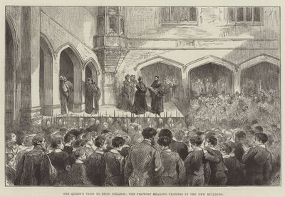 A visita da Rainha ao Colégio Eton, o reitor a ler orações no Novo Edifício (gravura) de English School