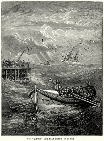 O barco salva-vidas "Quiver" a chegar (gravura) de English School