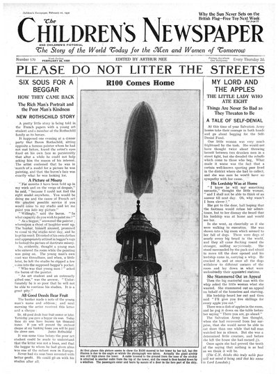 O R100 Airship Comes Home, primeira página do &39;The Children&39;s Newspaper&39;, fevereiro de 1930 (papel de jornal) de English School