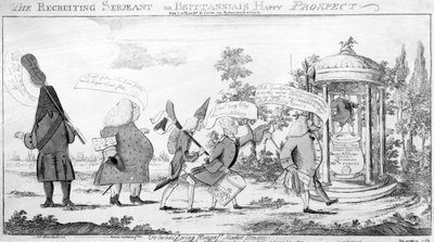 O Sargento Recrutador ou Britannias Happy Prospect, impressão feita por George Townshend, 1757 de English School