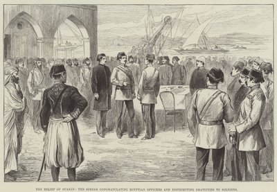 O Alívio de Suakin, o Sirdar parabenizando Oficiais Egípcios e distribuindo Gratificações aos Soldados (gravura) de English School