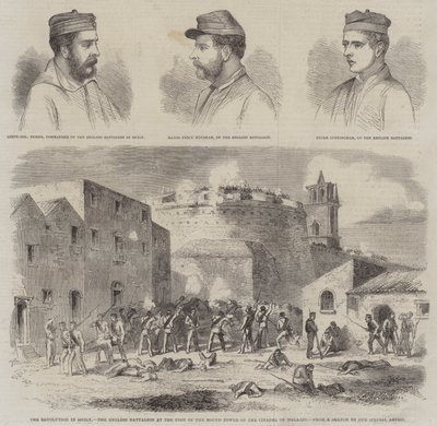 A Revolução na Sicília, o Batalhão Inglês ao Pé da Torre Redonda da Cidadela de Melazzo (gravura) de English School