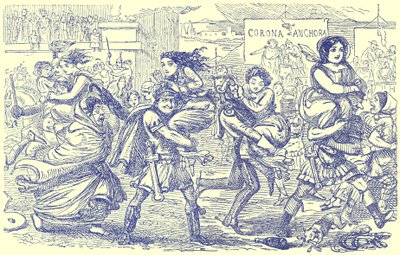 Os Romanos Andando com as Mulheres Sabinas, ilustração da História em Quadrinhos de Roma por Gilbert Abbott um Beckett, publicado em 1850 (imagem digital melhorada) de English School