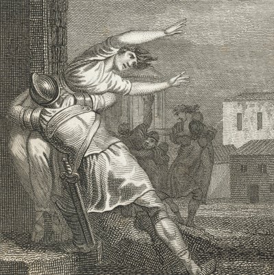 Os romanos levam as mulheres sabinas para as terem como esposas (gravura) de English School