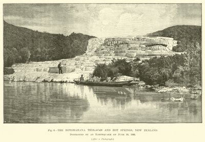 Os terraços e fontes termais de Rotomahana, Nova Zelândia, destruídos por um terremoto em 10 de junho de 1886 de English School