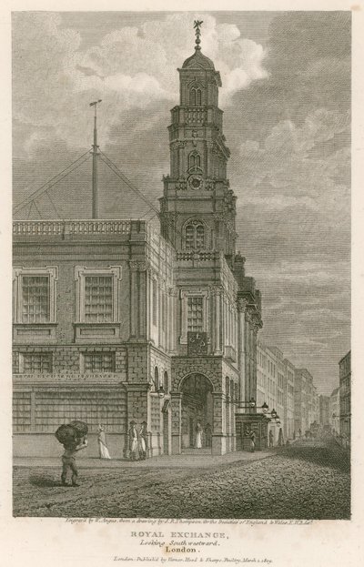 The Royal Exchange, Londres, olhando para o sul para oeste de English School