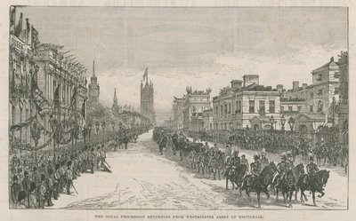 A procissão real retornando da Abadia de Westminster até Whitehall de English School