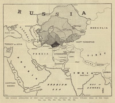 A anexação russa de Merv, mapa mostrando os avanços da Rússia para a Índia nos anos 1734, 1836, 1863, 1867, 1874, 1876, 1881, 1884 de English School
