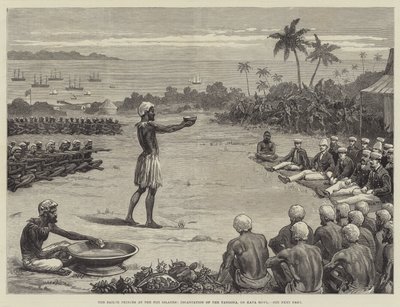 Os Príncipes Marinheiros nas Ilhas Fiji, Incantação da Yangona, ou Kava Bowl (gravura) de English School