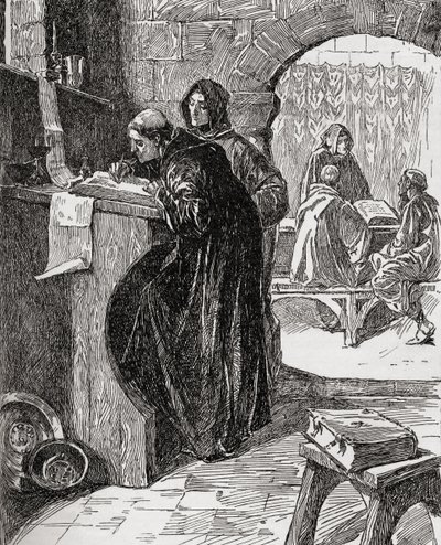 O Scriptorium de um Mosteiro, do livro A Igreja da Inglaterra: Uma História para o Povo, publicado em 1910 de English School