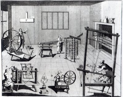 A segunda placa da manufatura de lã exibindo a arte de girar, enrolando, entortando e tecendo o pano de lã, gravado para &39;The Universal Magazine&39;, 1749 de English School