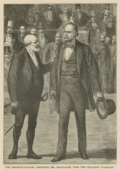 O Sargento de Armas detendo o Sr. Bradlaugh no mandado dos Palestrantes de English School