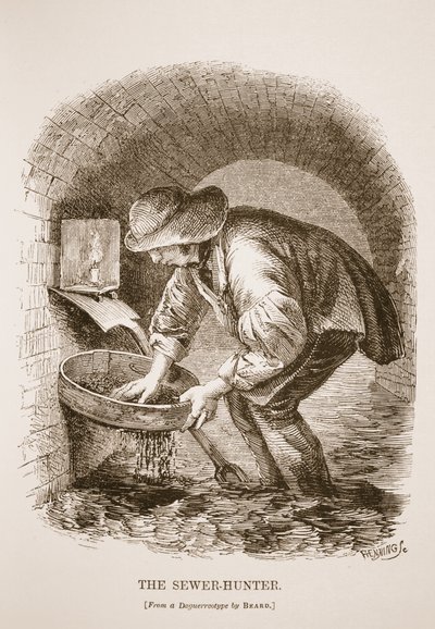 O esgoto-caçador, do daguerreotype por Richard Beard, ilustração do trabalho de Londres e Londres pobre por Henry Mayhew, bar. 1862 de English School