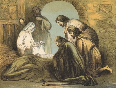 Os Pastores encontrando Jesus (gravura colorida) de English School